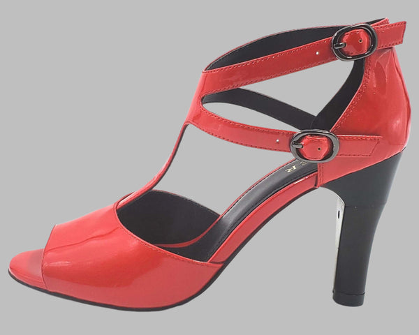 Red heeled women's shoe left side view. Featuring shock-absorbing heel and buckled strap for a comfortable wear.