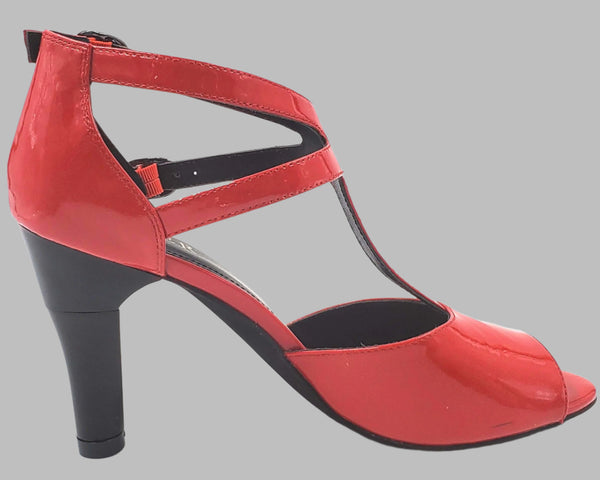 Red heeled women's shoe side view. Featuring shock-absorbing heel and buckled strap for a comfortable wear.