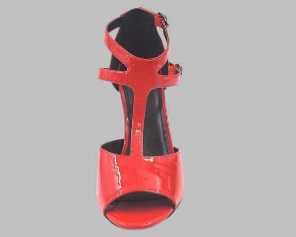 Red heeled women's shoe front view. Featuring shock-absorbing heel and buckled strap for a comfortable wear.