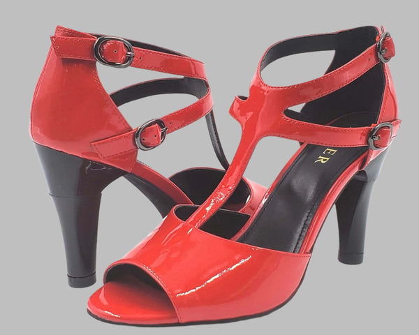 Red heeled women's shoe pair view. Featuring shock-absorbing heel and buckled strap for a comfortable wear.